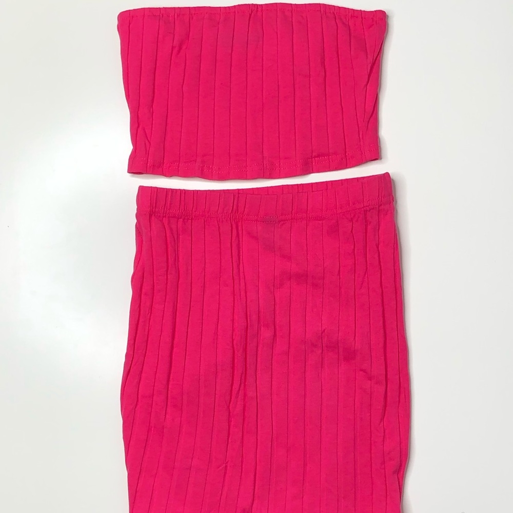 SHEIN Neon Pink Rib-Knit Tube Crop Top & Skirt Set XS
